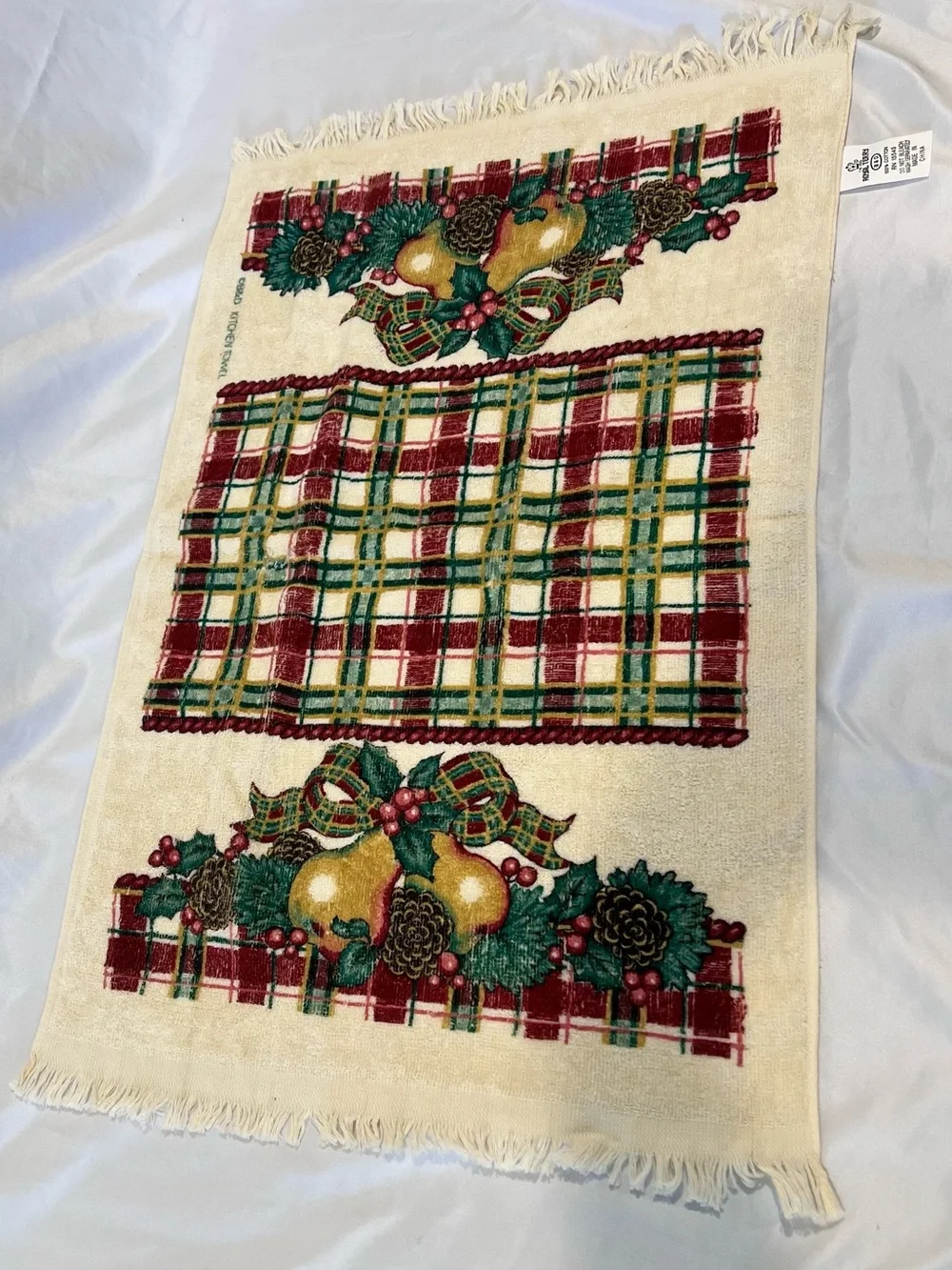 Vintage Royal Terry Christmas Kitchen Towel Set 3 Pc Plaid Pear Holly